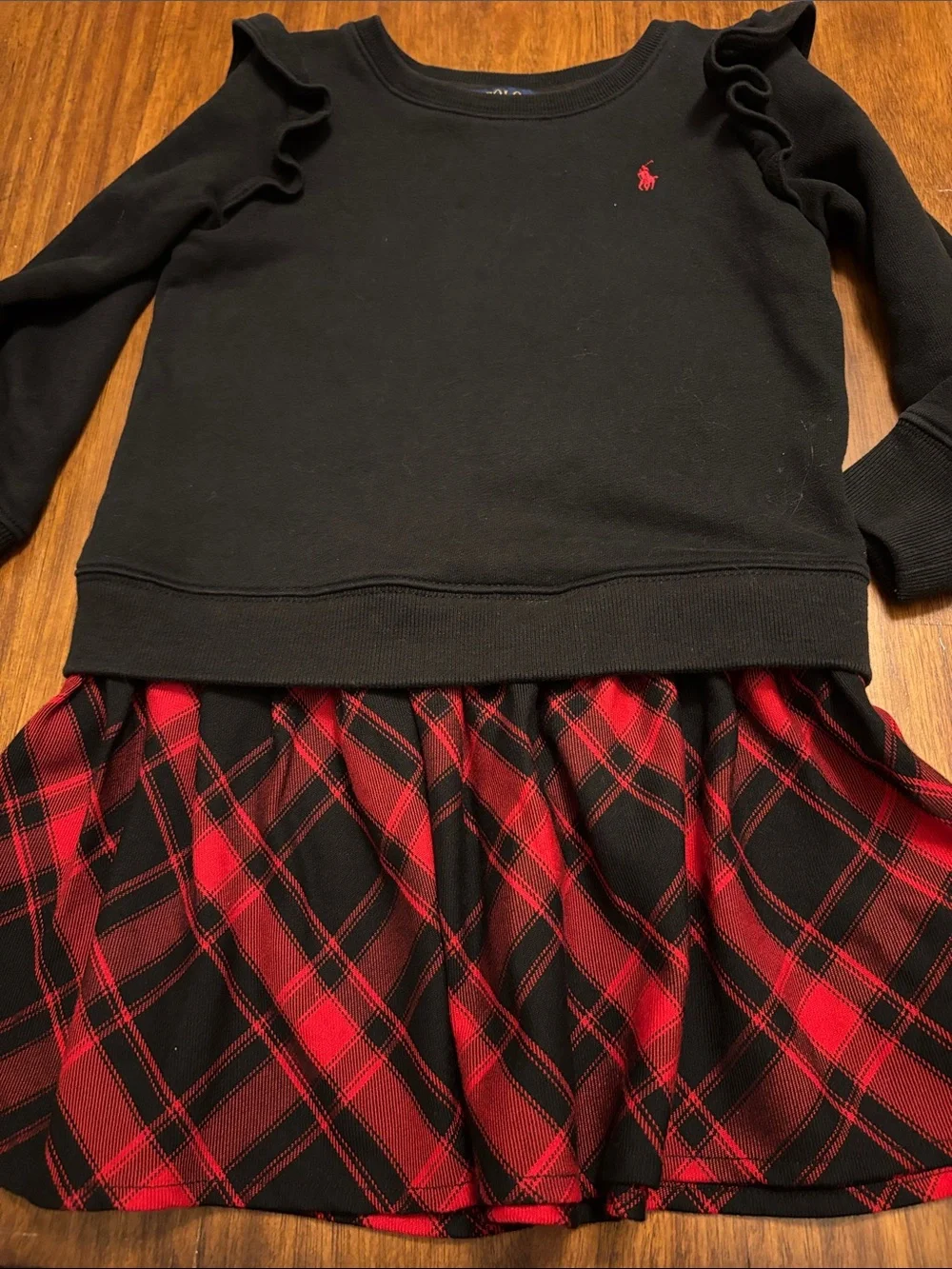 Ralph Lauren Black Sweatshirt dress with Red Plaid Skirt - kids Small
